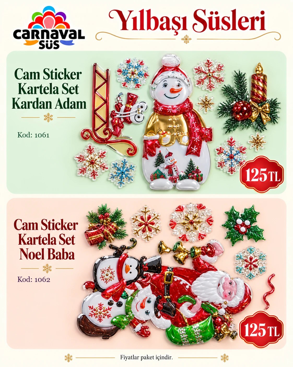 CAM STİCKER KARTELA SET KARDAN ADAM | Kod: 1061 | 125 TL, CAM STİCKER KARTELA SET NOEL BABA | Kod: 1062 | 125 TL