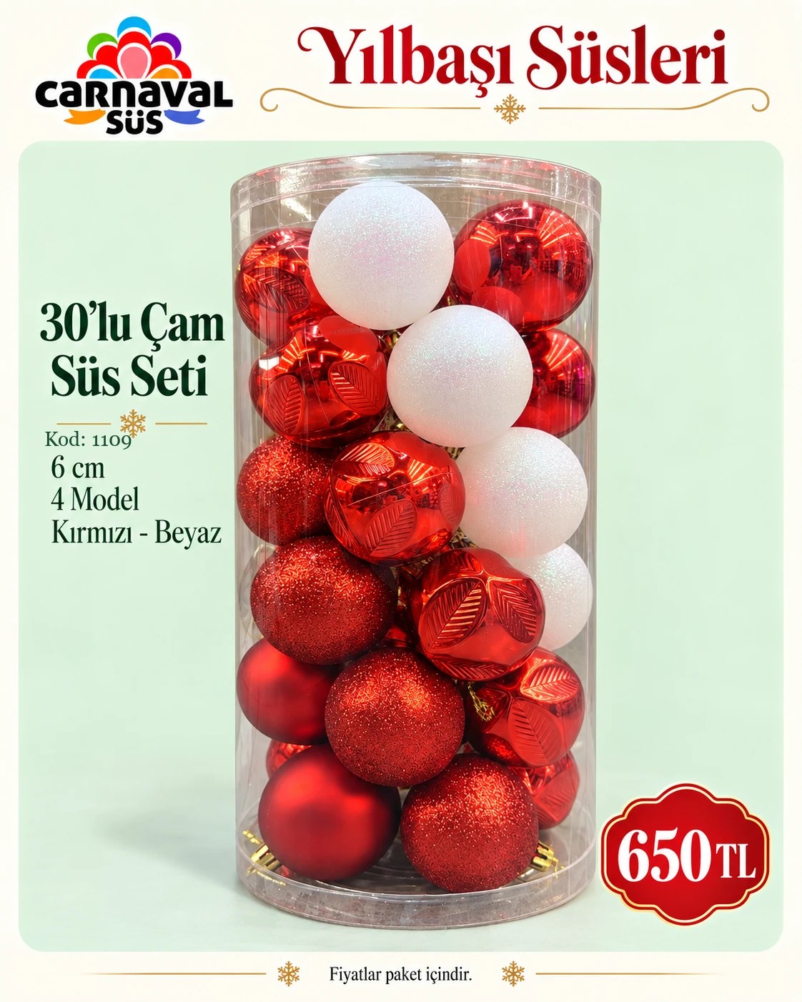 CİCİ 30 LU 6cm 4 MODEL KIRMIZI BEYAZ ASETAT KUTU | Kod: 1109 | 650 TL