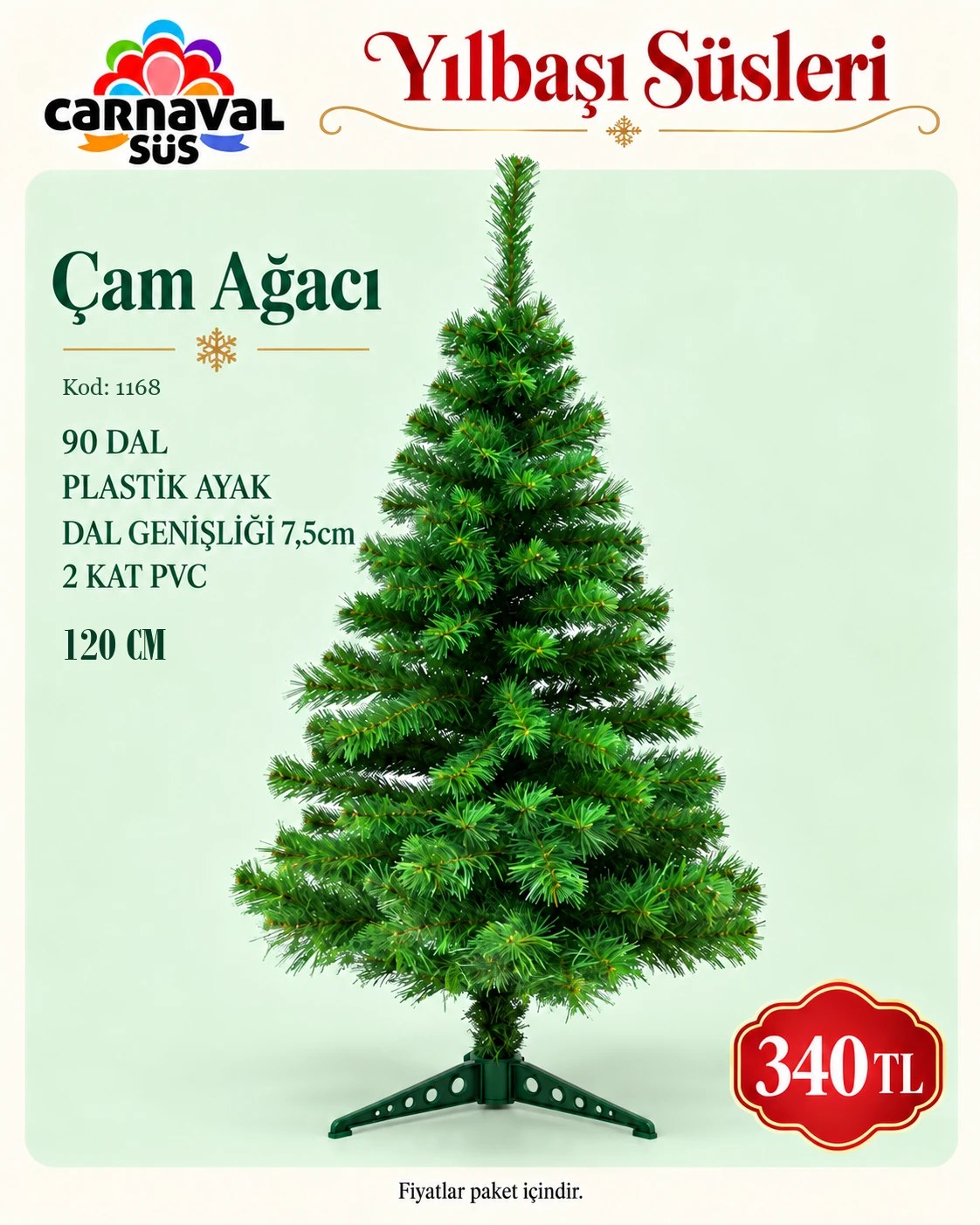 ÇAM AĞACI 1,20 CM 90 DAL PLASTİK AYAK DAL GENİŞLİĞİ 7,5cm 2 KAT PVC | Kod: 1168 | 340 TL